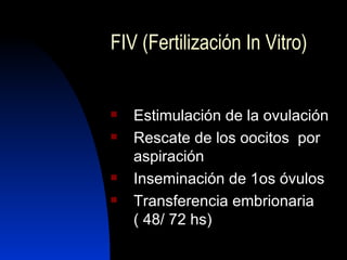 FIV (Fertilización In Vitro) Estimulación de la ovulación  Rescate de los oocitos  por aspiración Inseminación de 1os óvulos Transferencia embrionaria ( 48/ 72 hs) 