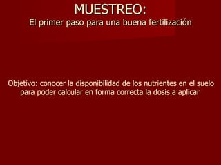 MUESTREO: El primer paso para una buena fertilización Objetivo: conocer la disponibilidad de los nutrientes en el suelo para poder calcular en forma correcta la dosis a aplicar  
