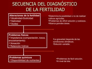 SECUENCIA DEL DIAGNÓSTICO  DE LA FERTILIDAD Alteraciones de la fertilidad Alcalinidad-Sodicidad Salinidad Acidez Problemas físicos Impedancia (compactación, tosca,  encostramiento) Aireación  Retención hídrica Problemas químicos Disponibilidad de nutrientes Determina la posibilidad o no de realizar cultivos agrícolas.  Problemas de difícil solución y costosos.  Abarca grandes áreas. La gravedad depende de las condiciones climáticas. Solución variable. Problemas de fácil solución. A nivel de lote. 