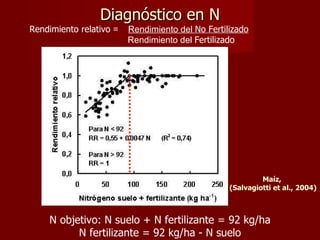 Diagnóstico en N Rendimiento relativo  =  Rendimiento del  No Fertilizado Rendimiento del  Fertilizado  Maíz,  (Salvagiotti et al., 2004) N objetivo: N suelo + N fertilizante = 92 kg/ha N fertilizante = 92 kg/ha - N suelo 