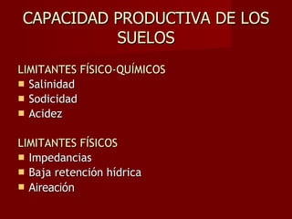 CAPACIDAD PRODUCTIVA DE LOS SUELOS LIMITANTES FÍSICO-QUÍMICOS Salinidad Sodicidad Acidez LIMITANTES FÍSICOS Impedancias Baja retención hídrica Aireación  