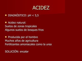 ACIDEZ DIAGNÓSTICO: pH < 5,5 Acidez natural:  Suelos de zonas tropicales Algunos suelos de bosques frios Producida por el hombre Muchos años de agricultura Fertilizantes amoniacales como la urea SOLUCIÓN: encalar 