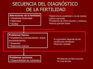 SECUENCIA DEL DIAGNÓSTICO  DE LA FERTILIDAD Alteraciones de la fertilidad Alcalinida-Sodicidad Salinidad Acidez Problemas físicos Impedancia (compactación, tosca,  encostramiento) Aireación  Retención hídrica Problemas químicos Disponibilidad de nutrientes Determina la posibilidad o no de realizar cultivos agrícolas.  Problemas de difícil solución y costosos.  Abarca grandes áreas. La gravedad depende de las condiciones climáticas. Solución variable. Problemas de fácil solución. A nivel de lote. 