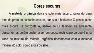 .
A matéria orgânica deixa o solo mais escuro, puxando para
tons de preto ou castanho escuro, por isso o horizonte O possui a cor
mais escura. O horizonte A, abaixo do O, também se apresenta
dessa forma, porém costuma ser um pouco mais claro porque é uma
zona de mistura do material orgânico decomposto com o material
mineral do solo, como argila ou silte.
Cores escuras
 
