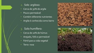 2. Solo argiloso:
• Cerca de 30% de argila
• Pouco permeável
• Contém diferente nutrientes
• Argila é conhecida como barro
3. Solo humífero:
• Cerca de 10% de húmus
• Arejado, fofo e permeável
• Fértil para a vida vegetal
• Terra roxa
 