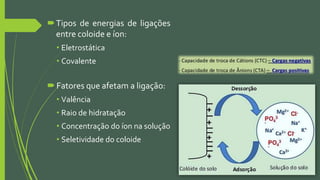 Tipos de energias de ligações
entre coloide e íon:
• Eletrostática
• Covalente
 Fatores que afetam a ligação:
• Valência
• Raio de hidratação
• Concentração do íon na solução
• Seletividade do coloide
 