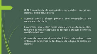• O N é constituinte de aminoácidos, nucleotídeos, coenzimas,
clorofila, alcaloides, e outros
• Ausente: afeta a síntese proteica, com consequências no
crescimento da planta
• Em excesso: apresentam folhas verde escura, muito suculentas,
tornando-as mais susceptíveis às doenças e ataques de insetos
ou déficits hídricos
• O amarelamento ou clorose das folhas mais velhas, como
sintoma de deficiência de N, decorre da inibição da síntese de
clorofila
 