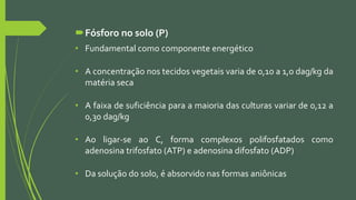 Fósforo no solo (P)
• Fundamental como componente energético
• A concentração nos tecidos vegetais varia de 0,10 a 1,0 dag/kg da
matéria seca
• A faixa de suficiência para a maioria das culturas variar de 0,12 a
0,30 dag/kg
• Ao ligar-se ao C, forma complexos polifosfatados como
adenosina trifosfato (ATP) e adenosina difosfato (ADP)
• Da solução do solo, é absorvido nas formas aniônicas
 