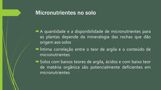 Micronutrientes no solo
A quantidade e a disponibilidade de micronutrientes para
as plantas depende da mineralogia das rochas que dão
origem aos solos
Íntima correlação entre o teor de argila e o conteúdo de
micronutrientes
Solos com baixos teores de argila, ácidos e com baixo teor
de matéria orgânica são potencialmente deficientes em
micronutrientes
 