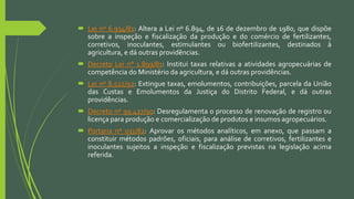  Lei nº 6.934/81: Altera a Lei nº 6.894, de 16 de dezembro de 1980, que dispõe
sobre a inspeção e fiscalização da produção e do comércio de fertilizantes,
corretivos, inoculantes, estimulantes ou biofertilizantes, destinados à
agricultura, e dá outras providências.
 Decreto Lei n° 1.899/81: Institui taxas relativas a atividades agropecuárias de
competência do Ministério da agricultura, e dá outras providências.
 Lei nº 8.522/92: Extingue taxas, emolumentos, contribuições, parcela da União
das Custas e Emolumentos da Justiça do Distrito Federal, e dá outras
providências.
 Decreto nº 99.427/90: Desregulamenta o processo de renovação de registro ou
licença para produção e comercialização de produtos e insumos agropecuários.
 Portaria nº 031/82: Aprovar os métodos analíticos, em anexo, que passam a
constituir métodos padrões, oficiais, para análise de corretivos, fertilizantes e
inoculantes sujeitos a inspeção e fiscalização previstas na legislação acima
referida.
 