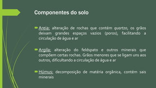 Componentes do solo
Areia: alteração de rochas que contém quartzo, os grãos
deixam grandes espaços vazios (poros), facilitando a
circulação de água e ar
Argila: alteração do feldspato e outros minerais que
compõem certas rochas. Grãos menores que se ligam uns aos
outros, dificultando a circulação de água e ar
Húmus: decomposição de matéria orgânica, contém sais
minerais
 