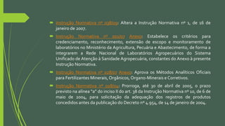  Instrução Normativa nº 038/09: Altera a Instrução Normativa nº 1, de 16 de
janeiro de 2007.
 Instrução Normativa nº 001/07 Anexo: Estabelece os critérios para
credenciamento, reconhecimento, extensão de escopo e monitoramento de
laboratórios no Ministério da Agricultura, Pecuária e Abastecimento, de forma a
integrarem a Rede Nacional de Laboratórios Agropecuários do Sistema
Unificado de Atenção à Sanidade Agropecuária, constantes do Anexo à presente
Instrução Normativa.
 Instrução Normativa nº 028/07 Anexo: Aprova os Métodos Analíticos Oficiais
para Fertilizantes Minerais,Orgânicos,Organo-Minerais e Corretivos.
 Instrução Normativa nº 028/04: Prorroga, até 30 de abril de 2005, o prazo
previsto na alínea “a” do inciso II do art. 38 da Instrução Normativa nº 10, de 6 de
maio de 2004, para solicitação da adequação dos registros de produtos
concedidos antes da publicação do Decreto nº 4.954, de 14 de janeiro de 2004.
 