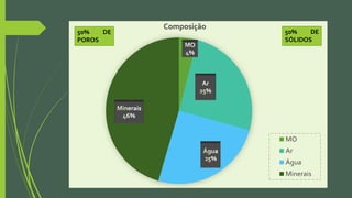 Composição
MO
Ar
Água
Minerais
50% DE
SÓLIDOS
50% DE
POROS
 