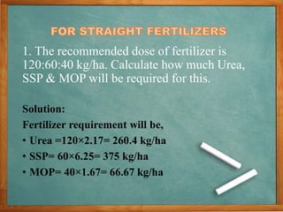 1. The recommended dose of fertilizer is
120:60:40 kg/ha. Calculate how much Urea,
SSP & MOP will be required for this.
Solution:
Fertilizer requirement will be,
• Urea =120×2.17= 260.4 kg/ha
• SSP= 60×6.25= 375 kg/ha
• MOP= 40×1.67= 66.67 kg/ha
 