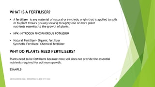 ABHINANDINI DAS ( 00920705613) ENE-5TH SEM 2
WHAT IS A FERTILISER?
• A fertilizer is any material of natural or synthetic origin that is applied to soils
or to plant tissues (usually leaves) to supply one or more plant
nutrients essential to the growth of plants.
• NPK- NITROGEN PHOSPHOROUS POTASSIUM
• Natural Fertilizer- Organic fertilizer
Synthetic Fertilizer- Chemical fertilizer
WHY DO PLANTS NEED FERTILISERS?
Plants need to be fertilizers because most soil does not provide the essential
nutrients required for optimum growth.
EXAMPLE-
 