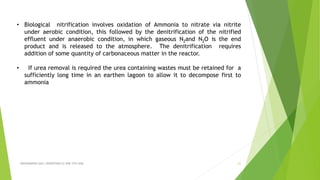 ABHINANDINI DAS ( 00920705613) ENE-5TH SEM 21
• Biological nitrification involves oxidation of Ammonia to nitrate via nitrite
under aerobic condition, this followed by the denitrification of the nitrified
effluent under anaerobic condition, in which gaseous N2and N2O is the end
product and is released to the atmosphere. The denitrification requires
addition of some quantity of carbonaceous matter in the reactor.
• If urea removal is required the urea containing wastes must be retained for a
sufficiently long time in an earthen lagoon to allow it to decompose first to
ammonia
 