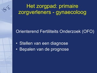 Het zorgpad: primaire zorgverleners - gynaecoloog Orienterend Fertiliteits Onderzoek (OFO) Stellen van een diagnose Bepalen van de prognose 