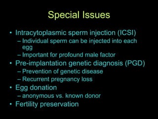 Special Issues Intracytoplasmic sperm injection (ICSI) Individual sperm can be injected into each egg Important for profound male factor Pre-implantation genetic diagnosis (PGD) Prevention of genetic disease Recurrent pregnancy loss Egg donation anonymous vs. known donor Fertility preservation 