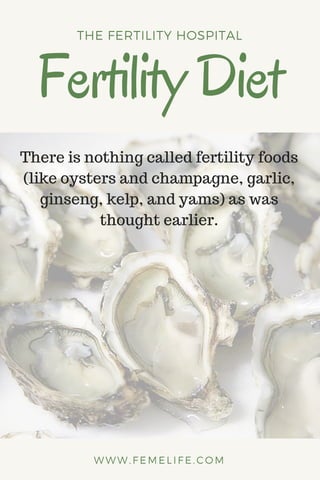 FertilityDiet
THE FERTILITY HOSPITAL
WWW.FEMELIFE.COM
There is nothing called fertility foods
(like oysters and champagne, garlic,
ginseng, kelp, and yams) as was
thought earlier.
 