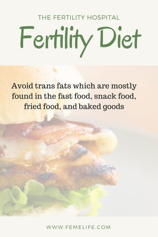 FertilityDiet
THE FERTILITY HOSPITAL
WWW.FEMELIFE.COM
Avoid trans fats which are mostly
found in the fast food, snack food,
fried food, and baked goods