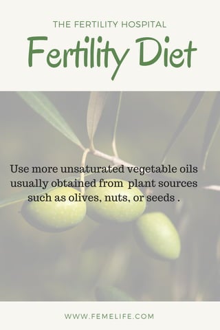 FertilityDiet
THE FERTILITY HOSPITAL
WWW.FEMELIFE.COM
Use more unsaturated vegetable oils
usually obtained from plant sources
such as olives, nuts, or seeds .