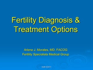 Fertility Diagnosis &
Treatment Options

    Arlene J. Morales, MD, FACOG
   Fertility Specialists Medical Group


                 AJM 4/2011
 