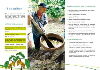 Té de estiércol
a) Materiales necesarios
Un tanque plástico de 200 litros de
capacidad
Un saco
25 libras de estiércol fresco
4 Kg. de Sulpomag
4 Kg. de hojas de leguminosas (maní
forrajero, fréjol, soya, palo prieto, yuca
de ratón)
1 cuerda (piola) de 2 metros de largo
1 Pedazo de tela o plástico para cubrir o
tapar el tanque
1 peso de unas 10 libras
b) Procedimiento para la elaboración
Ubicar el tanque en una parte donde haya sombra y
alejado de la vivienda
Poner el estiércol dentro del saquillo.
Agregar el sulfomag
Agregar la hojarasca, de preferencia picada.
Poner el peso dentro del saquillo.
Una vez dentro del saquillo todos los materiales,
amarrarlo y meterlo en el tanque dejando un pedazo
de cuerda fuera del tanque, como si fuera una gran
bolsa de té
Agregar agua fresca y limpia hasta llenar el tanque.
Cerrar el tanque con el plástico o la tela, pero dejando
que pase el oxígeno y dejar fermentar por dos
semanas.
c) Recomendaciones
El proceso del té de estiércol dura de 12 a 14 días.
Exprimir el saquillo y retirarlo del tanque.
El líquido que queda en el tanque es el abono.
Para aplicar el abono se debe diluir en una bomba de
20 litros: 10 litros de abono y 10 litros de agua (50%
concentración).
Esta preparación puede ser utilizada en aspersiones
foliares o en fertirriego cada 30 a 45 días.
Ésta es una de las alternativas más
sencillas de fertilización orgánica que se
usa para mejorar la actividad
microbiológica del suelo y el nivel de
nutrición de las plantas.
16 17
 