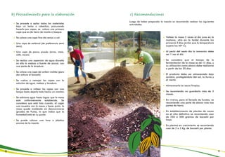 b) Procedimiento para la elaboración c) Recomendaciones
Luego de haber preparado la mezcla se recomienda realizar las siguientes
actividades:
Se procede a apilar todos los materiales
bajo un techo o cobertizo, procurando
hacerlo por capas; se coloca una primera
capa que es de tierra de monte o bosque.
Se coloca una capa fina de ceniza o cal.
Una capa de estiércol (de preferencia semi
seco).
Una capa de panca picada (arroz, maíz,
café, cacao).
Se realiza una aspersión de agua disuelta
en ella la melaza o fuente de azúcar, con
una parte de la levadura.
Se coloca una capa de carbón molido (para
dar soltura al bocashi)
Se vuelve a remojar las capas con la
solución de agua, melaza y levadura.
Se procede a voltear las capas con una
lampa hasta dejarlo todo hecho un montón.
Se adiciona agua hasta lograr que la masa
esté uniformemente establecida. Se
considera que está lista cuando, al coger
una muestra con la mano y hacer puño, la
masa queda moldeada sin desmoronarse
(prueba de Puño), lo que indica que la
humedad está en su punto.
Se puede colocar una lona o plástico
encima de la mezcla.
Voltear la masa 2 veces al día (una en la
mañana, otra en la tarde) durante los
primeros 5 días (evitar que la temperatura
supere los 50º C).
Al partir del sexto día la remoción debe
ser 1 vez al día.
Se considera que el tiempo de la
fermentación de la masa es de 12 días, y
su utilización como abono debe realizarse
a partir de los 30 días.
El producto debe ser almacenado bajo
sombra, protegiéndolo del sol, la lluvia y
el viento.
Almacenarlo es sacos limpios.
Se recomienda no guardarlo más de 3
meses.
En viveros, para el llenado de fundas, se
recomienda una parte de abono más tres
partes de tierra.
En establecimiento de plantas de cacao
en el sitio definitivo se recomienda usar
de 250 a 500 gramos de bocashi por
hoyo.
En plantas en crecimiento se recomienda
usar de 2 a 3 Kg. de bocashi por planta.
8 9
 