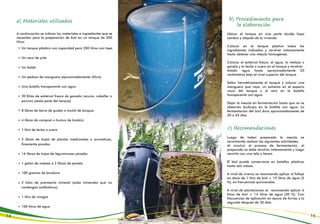 a) Materiales utilizados
A continuación se indican los materiales e ingredientes que se
necesitan para la preparación de biol en un tanque de 200
litros:
Un tanque plástico con capacidad para 200 litros con tapa
Un saco de yute
Un balde
Un pedazo de manguera (aproximadamente 40cm)
Una botella transparente con agua
30 Kilos de estiércol fresco de ganado vacuno, caballar o
porcino (sexta parte del tanque)
8 libras de tierra de guabo o mulch de bosque
4 libras de compost o humus de lombriz
1 litro de leche o suero
2 libras de hojas de plantas medicinales o aromáticas,
finamente picadas
16 libras de hojas de leguminosas picadas
1 galón de melaza ó 2 libras de panela
100 gramos de levadura
2 kilos de premezcla mineral (sales minerales que no
contengan antibióticos)
1 litro de vinagre
100 litros de agua
b) Procedimiento para
la elaboración
Ubicar el tanque en una parte donde haya
sombra y alejado de la vivienda.
Colocar en el tanque plástico todos los
ingredientes indicados y revolver intensamente
hasta obtener una mezcla homogénea.
Colocar el estiércol fresco, el agua, la melaza o
panela y la leche o suero en el tanque y revolver.
Añadir agua hasta aproximadamente 20
centímetros bajo el nivel superior del tanque.
Sellar herméticamente el tanque y colocar una
manguera que vaya, un extremo en el espacio
vacío del tanque y el otro en la botella
transparente con agua.
Dejar la mezcla en fermentación hasta que no se
observen burbujas en la botella con agua. La
fermentación del biol dura aproximadamente de
30 a 45 días.
c) Recomendaciones
Luego de haber preparado la mezcla se
recomienda realizar las siguientes actividades:
Al concluir el proceso de fermentación, el
preparado se debe revolver intensamente y luego
cernirlo con una tela o lienzo.
El biol puede conservarse en botellas plásticas
hasta seis meses.
A nivel de viveros se recomienda aplicar al follaje
en dosis de 1 litro de biol + 19 litros de agua (5
%), en frecuencias quincenales.
A nivel de plantaciones se recomienda aplicar 6
litros de biol + 14 litros de agua (30 %). Con
frecuencias de aplicación en época de lluvias y la
segunda después de 30 días.
14 15
 