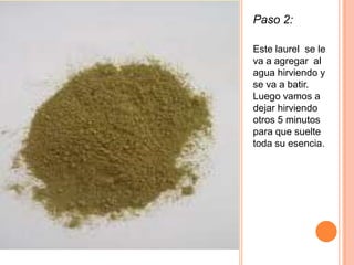 Paso 2:
Este laurel se le
va a agregar al
agua hirviendo y
se va a batir.
Luego vamos a
dejar hirviendo
otros 5 minutos
para que suelte
toda su esencia.
 