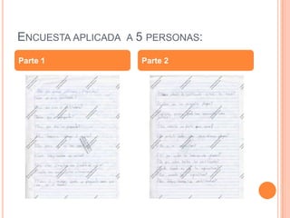 ENCUESTA APLICADA A 5 PERSONAS:
Parte 1 Parte 2
 