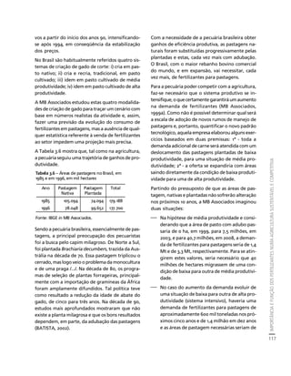 IMPORTÂNCIA E FUNÇÃO DOS FERTILIZANTES NUMA AGRICULTURA SUSTENTÁVEL E COMPETITIVA 
117 
Créditos Sumário Apresentação Home 
vos a partir do início dos anos 90, intensificando-se 
após 1994, em conseqüência da estabilização 
dos preços. 
No Brasil são habitualmente referidos quatro sis-temas 
de criação de gado de corte: i) cria em pas-to 
nativo; ii) cria e recria, tradicional, em pasto 
cultivado; iii) idem em pasto cultivado de média 
produtividade; iv) idem em pasto cultivado de alta 
produtividade. 
A MB Associados estudou estas quatro modalida-des 
de criação de gado para traçar um cenário com 
base em números realistas da atividade e, assim, 
fazer uma previsão da evolução do consumo de 
fertilizantes em pastagens, mas a ausência de qual-quer 
estatística referente à venda de fertilizantes 
ao setor impedem uma projeção mais precisa. 
A Tabela 3.6 mostra que, tal como na agricultura, 
a pecuária seguiu uma trajetória de ganhos de pro-dutividade. 
Sendo a pecuária brasileira, essencialmente de pas-tagens, 
a principal preocupação dos pecuaristas 
foi a busca pelo capim milagroso. De Norte a Sul, 
foi plantada Brachiaria decumbers, trazida da Aus-trália 
na década de 70. Essa pastagem triplicou o 
cerrado, mas logo veio o problema da monocultura 
e de uma praga /.../. Na década de 80, os progra-mas 
de seleção de plantas forrageiras, principal-mente 
com a importação de gramíneas da África 
foram amplamente difundidos. Tal política teve 
como resultado a redução da idade de abate do 
gado, de cinco para três anos. Na década de 90, 
estudos mais aprofundados mostraram que não 
existe a planta milagrosa e que os bons resultados 
dependem, em parte, da adubação das pastagens 
(BATISTA, 2002). 
Com a necessidade de a pecuária brasileira obter 
ganhos de eficiência produtiva, as pastagens na-turais 
foram substituídas progressivamente pelas 
plantadas e estas, cada vez mais com adubação. 
O Brasil, com o maior rebanho bovino comercial 
do mundo, e em expansão, vai necessitar, cada 
vez mais, de fertilizantes para pastagens. 
Para a pecuária poder competir com a agricultura, 
faz-se necessário que o sistema produtivo se in-tensifique, 
o que certamente garantirá um aumento 
na demanda de fertilizantes (MB Associados, 
1999a). Como não é possível determinar qual será 
a escala de adoção de novos rumos de manejo de 
pastagens e, portanto, quantificar o novo padrão 
tecnológico, aquela empresa elaborou alguns exer-cícios 
baseados em duas premissas: 1ª - toda a 
demanda adicional de carne será atendida com um 
deslocamento das pastagens plantadas de baixa 
produtividade, para uma situação de média pro-dutividade; 
2ª - a oferta se expandiria com áreas 
saindo diretamente da condição de baixa produti-vidade 
para uma de alta produtividade. 
Partindo do pressuposto de que as áreas de pas-tagem, 
nativas e plantadas não sofrerão alteração 
nos próximos 10 anos, a MB Associados imaginou 
duas situações: 
⎯ Na hipótese de média produtividade e consi-derando 
que a área de pasto com adubo pas-saria 
de 0 ha, em 1999, para 7,5 milhões, em 
2003, e para 40,7 milhões, em 2008, a deman-da 
de fertilizantes para pastagens seria de 1,4 
Mt e de 3,3 Mt, respectivamente. Para se atin-girem 
estes valores, seria necessário que 40 
milhões de hectares migrassem de uma con-dição 
de baixa para outra de média produtivi-dade. 
⎯ No caso do aumento da demanda evoluir de 
uma situação de baixa para outra de alta pro-dutividade 
(sistema intensivo), haveria uma 
demanda de fertilizantes para pastagens de 
aproximadamente 600 mil toneladas nos pró-ximos 
cinco anos e de 1,4 milhão em dez anos 
e as áreas de pastagem necessárias seriam de 
Tabela 3.6 – Áreas de pastagens no Brasil, em 
1985 e em 1996, em mil hectares 
Ano Pastagem 
Nativa 
Pastagem 
Plantada 
Total 
1985 105.094 74.094 179.188 
1996 78.048 99.652 177.700 
Fonte: IBGE in MB Associados. 
 