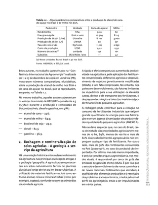 FERTILIZAÇÃO NATURAL: ROCHAGEM, AGRICULTURA ORGÂNICA... 
151 
Créditos Sumário Apresentação Home 
Tabela 1.2 – Alguns parâmetros comparativos entre a produção de etanol de cana-de- 
Parâmetro Unidade Cana-de-açúcar Milho 
Rendimento t/ha 90,0 8,1 
Energia exigida Kcal x 1000 10.509 8.115 
Produção de álcool (L/ha) Litros/ha 8.100 3.000 
Produção de álcool (L/t) Litros/t 90 371 
Taxa de conversão Kg/1000L 11.110 2.690 
Custo de produção US$/L 0,42 0,92 
Número de usinas(a) unidade 140 101 
Subsídios US bilhões / ano --- 4,1 
Estes autores, no trabalho apresentado na “Con-ferência 
Internacional de Agroenergia” realizada 
de 11 a 13 de dezembro de 2006 em Londrina (PR), 
mostraram números comparativos, elucidativos, 
sobre a produção de etanol de milho nos EUA e 
de cana-de-açúcar no Brasil, que se reproduzem, 
em parte, na Tabela 1.2. 
No mesmo trabalho, aqueles autores apresentam 
os valores da emissão de GEE (GEE equivalente a g 
CO2/MJ) durante a produção e combustão de 
biocombustíveis, diesel e gasolina, em g/MJ: 
⎯ etanol de cana – 33,6; 
⎯ etanol de milho – 84,9; 
⎯ biodiesel de soja – 49,5; 
⎯ diesel – 82,3; 
⎯ gasolina – 96,9. 
2. Rochagem e remineralização de 
solos agrícolas - A geologia a ser-viço 
da agricultura 
Há uma relação histórica entre o desenvolvimento 
da agricultura nas principais civilizações antigas e 
a geologia / geografia. A agricultura sempre ocor-reu 
em solos naturalmente férteis de planícies 
aluviais ao longo de rios ou em áreas vulcânicas. A 
utilização de materiais fertilizantes, tais como es-trume 
animal, cinzas e minerais/rochas (como, por 
exemplo, o gesso), confunde-se com os primórdios 
da atividade agrícola. 
A rápida e efetiva resposta ao aumento da produti-vidade 
na agricultura, pela aplicação dos fertilizan-tes 
convencionais, defensivos agrícolas e desenvol-vimento 
de espécies geneticamente modificadas 
(OGMs), é um fato comprovado. No entanto, nos 
países em desenvolvimento, são fatores limitantes 
ou impeditivos para a sua utilização: os elevados 
custos, diretos e de transporte dos fertilizantes, o 
despreparo tecnológico e baixo (ou inexistente) po-der 
financeiro do pequeno agricultor. 
A rochagem pode contribuir para a redução no 
consumo de fertilizantes industriais que exigem 
grande quantidade de energia para sua fabrica-ção 
e ser um agente dinamizador de produtivida-de 
e qualidade do pequeno agricultor (ANEXO A). 
Não se deve esquecer que, no caso do Brasil, cer-ca 
de metade das propriedades agrícolas têm me-nos 
de 10 ha, 89%, menos de 100 ha e mais de 
60% dos estabelecimentos agropecuários não em-pregam 
qualquer tipo de fertilizante. Por outro 
lado, mais de 50% dos fertilizantes consumidos 
no País (quase 90%, no caso do potássio) são im-portados. 
Por último, mas não menos importante, 
é preciso considerar que a agroindústria, nos mol-des 
atuais, é responsável por cerca de 30% das 
emissões de gases de efeito estufa. É por isso que 
o estudo e desenvolvimento de novos caminhos e 
de novos materiais fertilizantes que atendam à 
qualidade dos alimentos produzidos e à resolução 
dos problemas socioeconômicos, criados pelo atual 
perfil do agronegócio, estão a ser impulsionados 
em vários países. 
açúcar no Brasil e de milho nos EUA. 
(a) Novas unidades: 89 no Brasil e 40 nos EUA. 
Fonte: ANDREOLI e SOUZA, 2006. 
 