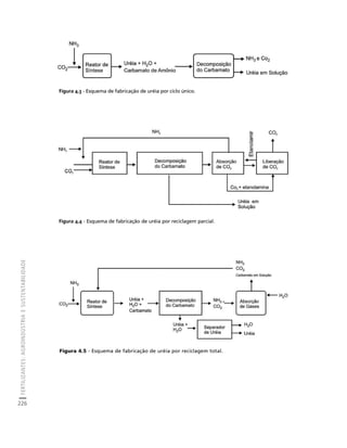 FERTILIZANTES: AGROINDÚSTRIA E SUSTENTABILIDADE 
226 
Créditos Sumário Apresentação Home 
Figura 4.3 - Esquema de fabricação de uréia por ciclo único. 
Figura 4.4 - Esquema de fabricação de uréia por reciclagem parcial. 
Figura 4.5 - Esquema de fabricação de uréia por reciclagem total. 
 