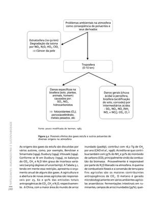 FERTILIZANTES: AGROINDÚSTRIA E SUSTENTABILIDADE 
240 
Créditos Sumário Apresentação Home 
As origens dos gases da estufa são discutidas por 
vários autores, como, por exemplo, Benckiser e 
Simarmata (1994), Duxbury (1994), Vitousek (1994). 
Conforme se lê em Duxbury (1994), os balanços 
do CO2, CH4 e N2O têm graus de incerteza variá-veis 
(varying degrees of uncertainty). A Tabela 5.1, 
tendo em mente essa restrição, apresenta o orça-mento 
anual de alguns dos gases. A agricultura e 
a abertura de novas áreas agrícolas são responsá-veis 
por 25, 60 e 90% das emissões totais 
antropogênicas de CO2, CH4 e N2O, respectivamen-te. 
A China, com a maior área do mundo de arroz 
inundado (paddy), contribui com 16,2 Tg de CH4 
por ano (CAO et al., 1996). Acredita-se que contri-bua 
também com 55% do NH3 e 50% do monóxido 
de carbono (CO), principalmente vindo da combus-tão 
da biomassa. Provavelmente é responsável 
por parte do N2O liberado na atmosfera. A queima 
de combustíveis fósseis e a conversão de terra para 
fins agrícolas são os maiores contribuintes 
antropogênicos de CO2. O metano é gerado 
microbiologicamente em vários ambientes agríco-las 
anaeróbicos: fermentações intestinais em ru-minantes, 
campos de arroz inundados (39%), quei- 
Fonte: pouco modificada de Iserman, 1983. 
Figura 5.2: Possíveis efeitos dos gases estufa e outros poluentes de 
diversas origens na atmosfera 
 