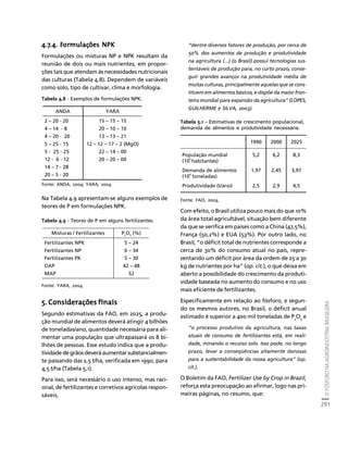 O FÓSFORO NA AGROINDÚSTRIA BRASILEIRA 
291 
Créditos Sumário Apresentação Home 
4.7.4. Formulações NPK 
Formulações ou misturas NP e NPK resultam da 
reunião de dois ou mais nutrientes, em propor-ções 
tais que atendam às necessidades nutricionais 
das culturas (Tabela 4.8). Dependem de variáveis 
como solo, tipo de cultivar, clima e morfologia. 
Tabela 4.8 - Exemplos de formulações NPK. 
Fonte: ANDA, 2004; YARA, 2004. 
Na Tabela 4.9 apresentam-se alguns exemplos de 
teores de P em formulações NPK. 
Tabela 4.9 - Teores de P em alguns fertilizantes. 
Fonte: YARA, 2004. 
5. Considerações finais 
Segundo estimativas da FAO, em 2025, a produ-ção 
mundial de alimentos deverá atingir 4 bilhões 
de toneladas/ano, quantidade necessária para ali-mentar 
uma população que ultrapassará os 8 bi-lhões 
de pessoas. Esse estudo indica que a produ-tividade 
de grãos deverá aumentar substancialmen-te 
passando das 2,5 t/ha, verificada em 1990, para 
4,5 t/ha (Tabela 5.1). 
Para isso, será necessário o uso intenso, mas raci-onal, 
de fertilizantes e corretivos agrícolas respon-sáveis, 
“dentre diversos fatores de produção, por cerca de 
50% dos aumentos de produção e produtividade 
na agricultura (...) (o Brasil) possui tecnologias sus-tentáveis 
de produção para, no curto prazo, conse-guir 
grandes avanços na produtividade média de 
muitas culturas, principalmente aquelas que se cons-tituem 
em alimentos básicos, e dispõe da maior fron-teira 
mundial para expansão da agrícultura” (LOPES, 
GUILHERME e SILVA, 2003). 
Com efeito, o Brasil utiliza pouco mais do que 10% 
da área total agricultável, situação bem diferente 
da que se verifica em países como a China (47,5%), 
França (50,2%) e EUA (53%). Por outro lado, no 
Brasil, “o déficit total de nutrientes corresponde a 
cerca de 30% do consumo atual no país, repre-sentando 
um déficit por área da ordem de 25 a 30 
kg de nutrientes por ha” (op. cit.), o que deixa em 
aberto a possibilidade do crescimento da produti-vidade 
baseada no aumento do consumo e no uso 
mais eficiente de fertilizantes. 
Especificamente em relação ao fósforo, e segun-do 
os mesmos autores, no Brasil, o déficit anual 
estimado é superior a 400 mil toneladas de P2O5 e 
“o processo produtivo da agricultura, nas taxas 
atuais de consumo de fertilizantes está, em reali-dade, 
minando o recurso solo. Isso pode, no longo 
prazo, levar a conseqüências altamente danosas 
para a sustentabilidade da nossa agricultura” (op. 
cit.). 
O Boletim da FAO, Fertilizer Use by Crop in Brazil, 
reforça esta preocupação ao afirmar, logo nas pri-meiras 
páginas, no resumo, que: 
ANDA YARA 
2 – 20 - 20 15 – 15 – 15 
4 – 14 - 8 20 – 10 – 10 
4 – 20 - 20 13 – 13 – 21 
5 – 25 - 15 12 – 12 – 17 – 2 (MgO) 
5 - 25 - 25 22 – 14 – 00 
12 - 6 - 12 20 – 20 – 00 
14 – 7 - 28 
20 – 5 - 20 
Misturas / Fertilizantes P2O5 (%) 
Fertilizantes NPK 5 – 24 
Fertilizantes NP 6 – 34 
Fertilizantes PK 5 – 30 
DAP 42 – 48 
MAP 52 
Tabela 5.1 – Estimativas de crescimento populacional, 
demanda de alimentos e produtividade necessária. 
Fonte: FAO, 2004. 
1990 2000 2025 
População mundial 
(109 habitantes) 
5,2 6,2 8,3 
Demanda de alimentos 
(109 toneladas) 
1,97 2,45 3,97 
Produtividade (t/ano) 2,5 2,9 4,5 
 