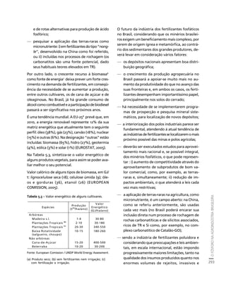 O FÓSFORO NA AGROINDÚSTRIA BRASILEIRA 
293 
Créditos Sumário Apresentação Home 
e de rotas alternativas para produção de ácido 
fosfórico; 
— pesquisar a aplicação das terras-raras como 
micronutriente: i) em fertilizantes do tipo “nong-le’’, 
desenvolvido na China como foi referido, 
ou ii) incluídas nos processos de rochagem (os 
carbonatitos são uma fonte potencial, dado 
seus habituais teores elevados em TR). 
Por outro lado, o crescente recurso à biomassa6 
como fonte de energia7 deixa prever um forte cres-cimento 
na demanda de fertilizantes, em conseqü-ência 
da necessidade de se aumentar a produção, 
entre outros cultivares, os de cana de açúcar e de 
oleaginosas. No Brasil, já há grande consumo de 
álcool como combustível e a participação de biodiesel 
passará a ser significativa nos próximos anos. 
É uma tendência mundial. A EU-258 prevê que, em 
2010, a energia renovável represente 12% da sua 
matriz energética que atualmente tem o seguinte 
perfil: óleo (38%), gás (23%), carvão (18%), nuclear 
(15%) e outras (6%). Na designação “outras” estão 
incluídas: biomassa (65%), hidro (27%), geotermia 
(4%), eólica (3%) e solar (1%) (EUROSTAT, 2005). 
Na Tabela 5.3, sintetiza-se o valor energético de 
alguns produtos vegetais, para assim se poder ava-liar 
melhor o seu potencial. 
Valor calórico de alguns tipos de biomassa, em GJ/ 
t: lignocelulose seca (18); celulose úmida (9); óle-os 
e gorduras (36), etanol (26) (EUROPEAN 
COMISSION, 2005). 
O futuro da indústria dos fertilizantes fosfáticos 
no Brasil, considerando que os minérios brasilei-ros 
exigem um beneficiamento mais complexo, por 
serem de origem ígnea e metamórfica, ao contrá-rio 
dos sedimentares dos grandes produtores, de-verá 
levar em consideração vários fatores: 
— os depósitos nacionais apresentam boa distri-buição 
geográfica; 
— o crescimento da produção agropecuária no 
Brasil passará a apoiar-se muito mais no au-mento 
da produtividade do que no avanço das 
suas fronteiras e, em ambos os casos, os ferti-lizantes 
desempenham importantíssimo papel, 
principalmente nos solos do cerrado; 
— há necessidade de se implementarem progra-mas 
de prospecção e pesquisa mineral siste-máticos, 
para localização de novos depósitos; 
— a interiorização dos polos industriais parece ser 
fundamental, atendendo à atual tendência de 
as indústrias de fertilizantes se localizarem o mais 
próximo possível das minas e polos agrícolas; 
— deverão ser executados estudos para aprovei-tamento 
mais racional e, se possível integral, 
dos minérios fosfáticos, o que pode represen-tar 
: i) aumento de competitividade através do 
aproveitamento de subprodutos de bom va-lor 
comercial, como, por exemplo, as terras-raras 
e, simultaneamente; ii) redução de im-pactos 
ambientais, o que atenderá a leis cada 
vez mais restritivas; 
— a aplicação de terras-raras na agricultura, como 
micronutriente, é um campo aberto: na China, 
como se referiu anteriormente, são usadas 
cada vez mais (no Brasil poderá encarar sua 
inclusão direta num processo de rochagem de 
rochas carbonatíticas e de silicitos associados, 
ricos de TR e Si como, por exemplo, no com-plexo 
carbonatítico de Catalão-GO); 
— sendo a indústria de fertilizantes poluidora e 
considerando que preocupações e leis ambien-tais, 
em escala internacional, estão impondo 
progressivamente maiores limitações, tanto na 
qualidade dos insumos produzidos quanto nos 
enormes volumes de rejeitos, invasivos e 
Tabela 5.3 – Valor energético de alguns cultivares. 
Espécies 
Fonte: European Comission / UNDP World Energy Assessment. 
(a) Produto seco; (b) sem fertilizantes nem irrigação; (c) 
com fertilização e irrigação. 
Produção 
(t(a)/ha/ano) 
Valor 
Energético 
(GJ/ha/ano) 
Arbóreas 
Madeira s.l. 1-4 30-80 
Plantações Tropicais (b) 2-10 30-180 
Plantações Tropicais (c) 20-30 340-550 
Baixa Rotatividade 
(salgueiro, choupo) 
10-15 180-260 
Não arbóreas 
Cana-de-Açúcar 15-20 400-500 
Beterraba 10-20 30-200 
 