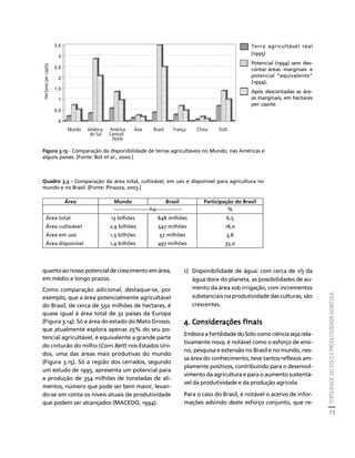 FERTILIDADE DO SOLO E PRODUTIVIDADE AGRÍCOLA 
73 
3,5 
3 
2,5 
2 
1,5 
1 
0,5 
Créditos Sumário Apresentação Home 
Quadro 3.3 - Comparação da área total, cultivável, em uso e disponível para agricultura no 
mundo e no Brasil. [Fonte: Pinazza, 2003.] 
quanto ao nosso potencial de crescimento em área, 
em médio e longo prazos. 
Como comparação adicional, destaque-se, por 
exemplo, que a área potencialmente agricultável 
do Brasil, de cerca de 550 milhões de hectares, é 
quase igual à área total de 32 países da Europa 
(Figura 3.14). Só a área do estado do Mato Grosso, 
que atualmente explora apenas 25% do seu po-tencial 
agricultável, é equivalente a grande parte 
do cinturão do milho (Corn Belt) nos Estados Uni-dos, 
uma das áreas mais produtivas do mundo 
(Figura 3.15). Só a região dos cerrados, segundo 
um estudo de 1995, apresenta um potencial para 
a produção de 354 milhões de toneladas de ali-mentos, 
número que pode ser bem maior, levan-do- 
se em conta os níveis atuais de produtividade 
que podem ser alcançados (MACEDO, 1994). 
c) Disponibilidade de água: com cerca de 1/5 da 
água doce do planeta, as possibilidades de au-mento 
da área sob irrigação, com incrementos 
substanciais na produtividade das culturas, são 
crescentes. 
4. Considerações finais 
Embora a Fertilidade do Solo como ciência seja rela-tivamente 
nova, é notável como o esforço de ensi-no, 
pesquisa e extensão no Brasil e no mundo, nes-sa 
área do conhecimento, teve tantos reflexos am-plamente 
positivos, contribuindo para o desenvol-vimento 
da agricultura e para o aumento sustentá-vel 
da produtividade e da produção agrícola. 
Para o caso do Brasil, é notável o acervo de infor-mações 
advindo deste esforço conjunto, que re- 
0 
do Sul 
América 
Central/ 
Norte 
Ásia Brasil França China EUA 
Hectares per capita 
Mundo América 
Área Mundo Brasil Participação do Brasil 
---------------------ha--------------- % 
Área total 13 bilhões 848 milhões 6,5 
Área cultivável 2,9 bilhões 547 milhões 18,0 
Área em uso 1,5 bilhões 57 milhões 3,8 
Área disponível 1,4 bilhões 497 milhões 35,0 
Terra agricultável real 
(1995) 
Potencial (1994) sem des-contar 
áreas marginais e 
potencial “equivalente” 
(1994), 
Após descontadas as áre-as 
marginais, em hectares 
per capita. 
Figura 3.13 - Comparação da disponibilidade de terras agricultáveis no Mundo, nas Américas e 
alguns países. [Fonte: Bot et al., 2000.] 
 
