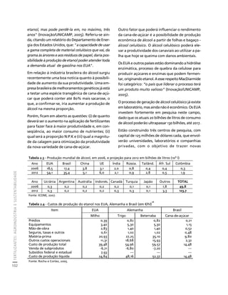 FERTILIZANTES: AGROINDÚSTRIA E SUSTENTABILIDADE 
102 
Créditos Sumário Apresentação Home 
etanol, mas pode perdê-la em, no máximo, três 
anos" (Inovação/UNICAMP, 2005). Referiu-se ain-da, 
citando um relatório do Departamento de Ener-gia 
dos Estados Unidos, que: "a capacidade de usar 
a gama completa de material celulósico que vai, da 
grama às árvores e aos resíduos de papel, daria pos-sibilidade 
à produção de etanol poder atender toda 
a demanda atual de gasolina nos EUA". 
Em relação à indústria brasileira do álcool surgiu 
recentemente uma boa notícia quanto à possibili-dade 
de aumento da sua produtividade. Uma em-presa 
brasileira de melhoramentos genéticos já está 
a testar uma espécie transgênica de cana-de-açú-car 
que poderá conter até 80% mais sacarose, o 
que, a confirmar-se, iria aumentar a produção de 
álcool na mesma proporção. 
Porém, ficam em aberto as questões: (i) de quanto 
deverá ser o aumento na aplicação de fertilizantes 
para fazer face à maior produtividade e, em con-seqüência, 
ao maior consumo de nutrientes; (ii) 
qual será a proporção N:P:K e (iii) qual a magnitu-de 
da calagem para otimização da produtividade 
da nova variedade de cana-de-açúcar. 
Outro fator que poderá influenciar o rendimento 
da cana-de-açúcar é a possibilidade de produção 
econômica de álcool a partir de folhas e bagaço - 
álcool celulósico. O álcool celulósico poderá ele-var 
a produtividade dos canaviais ao utilizar a pa-lha 
que hoje se queima com danos ambientais. 
Os EUA e outros países estão dominando a hidrólise 
enzimática, processo de quebra da celulose para 
produzir açúcares e enzimas que podem fermen-tar, 
originando etanol. A esse respeito MacDiarmide 
foi categórico: “o país que liderar o processo terá 
um produto muito valioso” (Inovação/UNICAMP, 
2005). 
O processo de geração de álcool celulósico já existe 
em laboratório, mas ainda não é econômico. Os EUA 
investem fortemente em pesquisa neste campo, 
dado que os atuais 20 bilhões de litros de consumo 
de álcool poderão ultrapassar 130 bilhões, até 2017. 
Estão construindo três centros de pesquisa, com 
capital de 125 milhões de dólares cada, que envol-verão 
universidades, laboratórios e companhias 
privadas, com o objetivo de trazer novas 
Tabela 2.3 - Produção mundial de álcool, em 2006, e projeção para 2012 em bilhões de litros (109 l) 
Ano EUA Brasil China UE Índia Rússia. Tailând. Áfr. Sul Colômbia 
2006 18,5 17,4 3,8 3,1 2,0 0,8 0,4 0,4 0,3 
2012 54,1 35,4 5,1 6,0 2,1 0,9 2,8 0,5 1,9 
Ano Ucrânia Argentina Austrália Indonés. Canadá Turquia Japão Outros TOTAL 
2006 0,3 0,2 0,2 0,2 0,2 0,1 0,1 1,8 49,8 
2012 0,3 0,2 0,2 0,2 0,3 0,3 0,1 3,3 123,7 
Fonte: ICONE, 2007. 
26 
Tabela 2.4 - Custos de produção do etanol nos EUA, Alemanha e Brasil (em €/hl) 
Item EUA Alemanha Brasil 
Milho Trigo Beterraba Cana-de-açúcar 
Prédios 0,39 0,82 0,82 0,21 
Equipamentos 3,40 5,30 5,30 1,15 
Mão-de-obra 2,83 1,40 1,40 0,52 
Seguros, taxas e outros 0,61 1,02 1,02 0,48 
Matéria-prima 20,93 27,25 35,10 9,80 
Outros custos operacionais 11,31 18,68 15,93 2,32 
Custo de produção total 39,48 54,96 59,57 14,48 
Venda de subprodutos -6,71 -6,80 -7,20 --- 
Subsídios federal e estadual 7,93 --- --- --- 
Custo de produção líquida 24,84 48,16 52,37 14,48 
Fonte: Rocha e Cortez, 2005. 
 