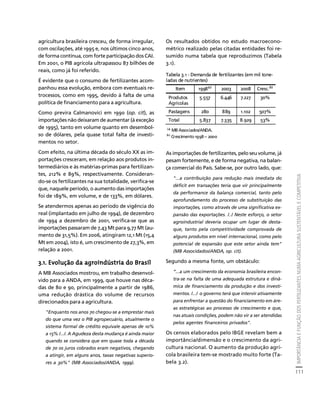 IMPORTÂNCIA E FUNÇÃO DOS FERTILIZANTES NUMA AGRICULTURA SUSTENTÁVEL E COMPETITIVA 
111 
Créditos Sumário Apresentação Home 
agricultura brasileira cresceu, de forma irregular, 
com oscilações, até 1995 e, nos últimos cinco anos, 
de forma contínua, com forte participação dos CAI. 
Em 2001, o PIB agrícola ultrapassou 87 bilhões de 
reais, como já foi referido. 
É evidente que o consumo de fertilizantes acom-panhou 
essa evolução, embora com eventuais re-trocessos, 
como em 1995, devido à falta de uma 
política de financiamento para a agricultura. 
Como previra Calmanovici em 1990 (op. cit), as 
importações não deixaram de aumentar (à exceção 
de 1995), tanto em volume quanto em desembol-so 
de dólares, pela quase total falta de investi-mentos 
no setor. 
Com efeito, na última década do século XX as im-portações 
cresceram, em relação aos produtos in-termediários 
e às matérias-primas para fertilizan-tes, 
212% e 89%, respectivamente. Consideran-do- 
se os fertilizantes na sua totalidade, verifica-se 
que, naquele período, o aumento das importações 
foi de 189%, em volume, e de 133%, em dólares. 
Se atendermos apenas ao período de vigência do 
real (implantado em julho de 1994), de dezembro 
de 1994 a dezembro de 2001, verifica-se que as 
importações passaram de 7,43 Mt para 9,77 Mt (au-mento 
de 31,5%). Em 2006, atingiram 12,1 Mt (15,4 
Mt em 2004), isto é, um crescimento de 27,3%, em 
relação a 2001. 
3.1. Evolução da agroindústria do Brasil 
A MB Associados mostrou, em trabalho desenvol-vido 
para a ANDA, em 1999, que houve nas déca-das 
de 80 e 90, principalmente a partir de 1986, 
uma redução drástica do volume de recursos 
direcionados para a agricultura. 
"Enquanto nos anos 70 chegou-se a emprestar mais 
do que uma vez o PIB agropecuário, atualmente o 
sistema formal de crédito equivale apenas de 10% 
a 15% /.../. A Agudeza desta mudança é ainda maior 
quando se considera que em quase toda a década 
de 70 os juros cobrados eram negativos, chegando 
a atingir, em alguns anos, taxas negativas superio-res 
a 30%" (MB Associados/ANDA, 1999). 
Os resultados obtidos no estudo macroecono-métrico 
realizado pelas citadas entidades foi re-sumido 
numa tabela que reproduzimos (Tabela 
3.1). 
Tabela 3.1 - Demanda de fertilizantes (em mil tone-ladas 
de nutrientes) 
Item 1998(a) 2003 2008 Cresc.(b) 
Produtos 
Agrícolas 
5.557 6.446 7.227 30% 
Pastagens 280 889 1.102 507% 
Total 5.837 7.335 8.929 53% 
(a) MB Associados/ANDA. 
(b) Crescimento 1998 – 2000 
As importações de fertilizantes, pelo seu volume, já 
pesam fortemente, e de forma negativa, na balan-ça 
comercial do País. Sabe-se, por outro lado, que: 
"...a contribuição para redução mais imediata do 
déficit em transações teria que vir principalmente 
da performance da balança comercial, tanto pelo 
aprofundamento do processo de substituição das 
importações, como através de uma significativa ex-pansão 
das exportações. /../ Neste esforço, o setor 
agroindustrial deveria ocupar um lugar de desta-que, 
tanto pela competitividade comprovada de 
alguns produtos em nível internacional, como pelo 
potencial de expansão que este setor ainda tem" 
(MB Associdados/ANDA, op. cit). 
Segundo a mesma fonte, um obstáculo: 
“...a um crescimento da economia brasileira encon-tra- 
se na falta de uma adequada estrutura e dinâ-mica 
de financiamento da produção e dos investi-mentos. 
/.../ o governo terá que intervir ativamente 
para enfrentar a questão do financiamento em áre-as 
estratégicas ao processo de crescimento e que, 
nas atuais condições, podem não vir a ser atendidas 
pelos agentes financeiros privados". 
Os censos elaborados pelo IBGE revelam bem a 
importância/dimensão e o crescimento da agri-cultura 
nacional. O aumento da produção agrí-cola 
brasileira tem-se mostrado muito forte (Ta-bela 
3.2). 
 