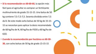 • Si la recomendación es 60-60-60, la opción más
fácil para el agricultor es comprar un fertilizante
multinutriente de grado 15-15-15. Una bolsa de 50
kg contiene 7,5-7,5-7,5. Sesenta dividido entre 7,5
da 8. De este modo ocho bolsas de 50 kg de 15-15-
15 se necesitan para aplicar la dosis recomendada
de 60 kg/ha de N, 60 kg/ha de P2O5 y 60 kg/ha de
K2O.
• Cuando la recomendación por hectárea es 60-30-
30, con ocho bolsas de 50 kg de grado 15-15-15
 
