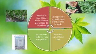 Reduce las
necesidades
de fertilizante
por unidad de
superficie.

Se dispone de
un fertilizante
permanente
de fondo.

Su precio es
cada vez más
competitivo

No habrá
aumento de
sales.

 