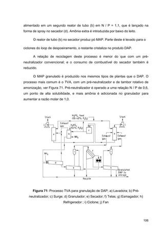 106
alimentado em um segundo reator de tubo (b) em N / P = 1,1, que é lançado na
forma de spray no secador (d). Amônia extra é introduzida por baixo do leito.
O reator de tubo (b) no secador produz pó MAP. Parte deste é levado para o
ciclones do loop de despoeiramento, o restante cristaliza no produto DAP.
A relação de reciclagem deste processo é menor do que com um pré-
neutralizador convencional; e o consumo de combustível do secador também é
reduzido.
O MAP granulado é produzido nos mesmos tipos de plantas que o DAP. O
processo mais comum é o TVA, com um pré-neutralizador e de tambor rotativo de
amonização, ver Figura 71. Pré-neutralizador é operado a uma relação N / P de 0,6,
um ponto de alta solubilidade, e mais amônia é adicionada no granulador para
aumentar a razão molar de 1,0.
Figura 71: Processo TVA para granulação de DAP; a) Lavadora; b) Pré-
neutralizador; c) Surge; d) Granulador; e) Secador; f) Telas; g) Esmagador; h)
Refrigerador ; i) Ciclone; j) Fan
 