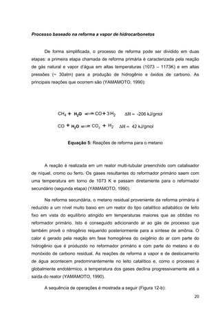 20
Processo baseado na reforma a vapor de hidrocarbonetos
De forma simplificada, o processo de reforma pode ser dividido em duas
etapas: a primeira etapa chamada de reforma primária é caracterizada pela reação
de gás natural e vapor d’água em altas temperaturas (1073 – 1173K) e em altas
pressões (~ 30atm) para a produção de hidrogênio e óxidos de carbono. As
principais reações que ocorrem são (YAMAMOTO, 1990):
Equação 5: Reações de reforma para o metano
A reação é realizada em um reator multi-tubular preenchido com catalisador
de níquel, cromo ou ferro. Os gases resultantes do reformador primário saem com
uma temperatura em torno de 1073 K e passam diretamente para o reformador
secundário (segunda etapa) (YAMAMOTO, 1990).
Na reforma secundária, o metano residual proveniente da reforma primária é
reduzido a um nível muito baixo em um reator do tipo catalítico adiabático de leito
fixo em vista do equilíbrio atingido em temperaturas maiores que as obtidas no
reformador primário. Isto é conseguido adicionando ar ao gás de processo que
também provê o nitrogênio requerido posteriormente para a síntese de amônia. O
calor é gerado pela reação em fase homogênea do oxigênio do ar com parte do
hidrogênio que é produzido no reformador primário e com parte do metano e do
monóxido de carbono residual. As reações de reforma a vapor e de deslocamento
de água acontecem predominantemente no leito catalítico e, como o processo é
globalmente endotérmico, a temperatura dos gases declina progressivamente até a
saída do reator (YAMAMOTO, 1990).
A sequência de operações é mostrada a seguir (Figura 12-b):
+ -206 kJ/gmolCH4 OH2 CO+ H23 
CO + OH2
CO2 + H2 42 kJ/gmol
 