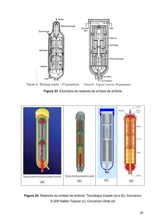 39
Figura 23: Exemplos de reatores de síntese de amônia
(a) (b) (c) (d)
Figura 24: Reatores de síntese de amônia: Tecnologia Casale (a) e (b), Conversor
S-300 Haldor Topsoe (c), Conversor Uhde (d)
 