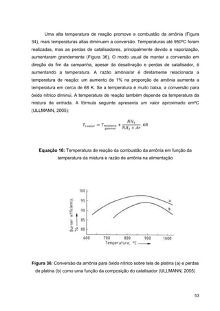 53
Uma alta temperatura de reação promove a combustão da amônia (Figura
34), mais temperaturas altas diminuem a conversão. Temperaturas até 950ºC foram
realizadas, mas as perdas de catalisadores, principalmente devido a vaporização,
aumentaram grandemente (Figura 36). O modo usual de manter a conversão em
direção do fim da campanha, apesar da desativação e perdas de catalisador, é
aumentando a temperatura. A razão amônia/ar é diretamente relacionada a
temperatura de reação: um aumento de 1% na proporção de amônia aumenta a
temperatura em cerca de 68 K. Se a temperatura é muito baixa, a conversão para
óxido nítrico diminui. A temperatura de reação também depende da temperatura da
mistura de entrada. A fórmula seguinte apresenta um valor aproximado emºC
(ULLMANN, 2005):
. 68
Equação 16: Temperatura de reação da combustão da amônia em função da
temperatura da mistura e razão de amônia na alimentação
Figura 36: Conversão da amônia para óxido nítrico sobre tela de platina (a) e perdas
de platina (b) como uma função da composição do catalisador (ULLMANN, 2005)
 