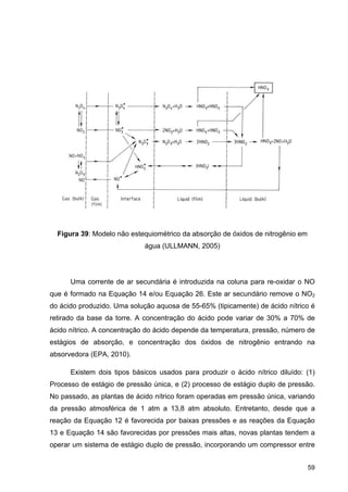 59
Figura 39: Modelo não estequiométrico da absorção de óxidos de nitrogênio em
água (ULLMANN, 2005)
Uma corrente de ar secundária é introduzida na coluna para re-oxidar o NO
que é formado na Equação 14 e/ou Equação 26. Este ar secundário remove o NO2
do ácido produzido. Uma solução aquosa de 55-65% (tipicamente) de ácido nítrico é
retirado da base da torre. A concentração do ácido pode variar de 30% a 70% de
ácido nítrico. A concentração do ácido depende da temperatura, pressão, número de
estágios de absorção, e concentração dos óxidos de nitrogênio entrando na
absorvedora (EPA, 2010).
Existem dois tipos básicos usados para produzir o ácido nítrico diluído: (1)
Processo de estágio de pressão única, e (2) processo de estágio duplo de pressão.
No passado, as plantas de ácido nítrico foram operadas em pressão única, variando
da pressão atmosférica de 1 atm a 13,8 atm absoluto. Entretanto, desde que a
reação da Equação 12 é favorecida por baixas pressões e as reações da Equação
13 e Equação 14 são favorecidas por pressões mais altas, novas plantas tendem a
operar um sistema de estágio duplo de pressão, incorporando um compressor entre
 
