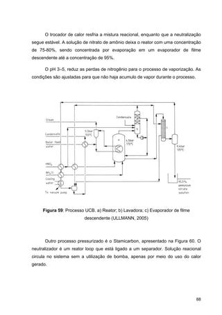 88
O trocador de calor resfria a mistura reacional, enquanto que a neutralização
segue estável. A solução de nitrato de amônio deixa o reator com uma concentração
de 75-80%, sendo concentrada por evaporação em um evaporador de filme
descendente até a concentração de 95%.
O pH 3–5, reduz as perdas de nitrogênio para o processo de vaporização. As
condições são ajustadas para que não haja acumulo de vapor durante o processo.
Figura 59: Processo UCB. a) Reator; b) Lavadora; c) Evaporador de filme
descendente (ULLMANN, 2005)
Outro processo pressurizado é o Stamicarbon, apresentado na Figura 60. O
neutralizador é um reator loop que está ligado a um separador. Solução reacional
circula no sistema sem a utilização de bomba, apenas por meio do uso do calor
gerado.
 