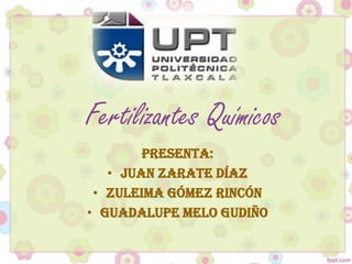 Fertilizantes Químicos
Presenta:
• Juan Zarate Díaz
• Zuleima Gómez Rincón
• Guadalupe Melo Gudiño

 