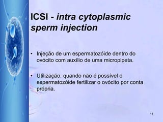 ICSI - intra cytoplasmic
sperm injection
• Injeção de um espermatozóide dentro do
ovócito com auxílio de uma micropipeta.
• Utilização: quando não é possível o
espermatozóide fertilizar o ovócito por conta
própria.
11
 
